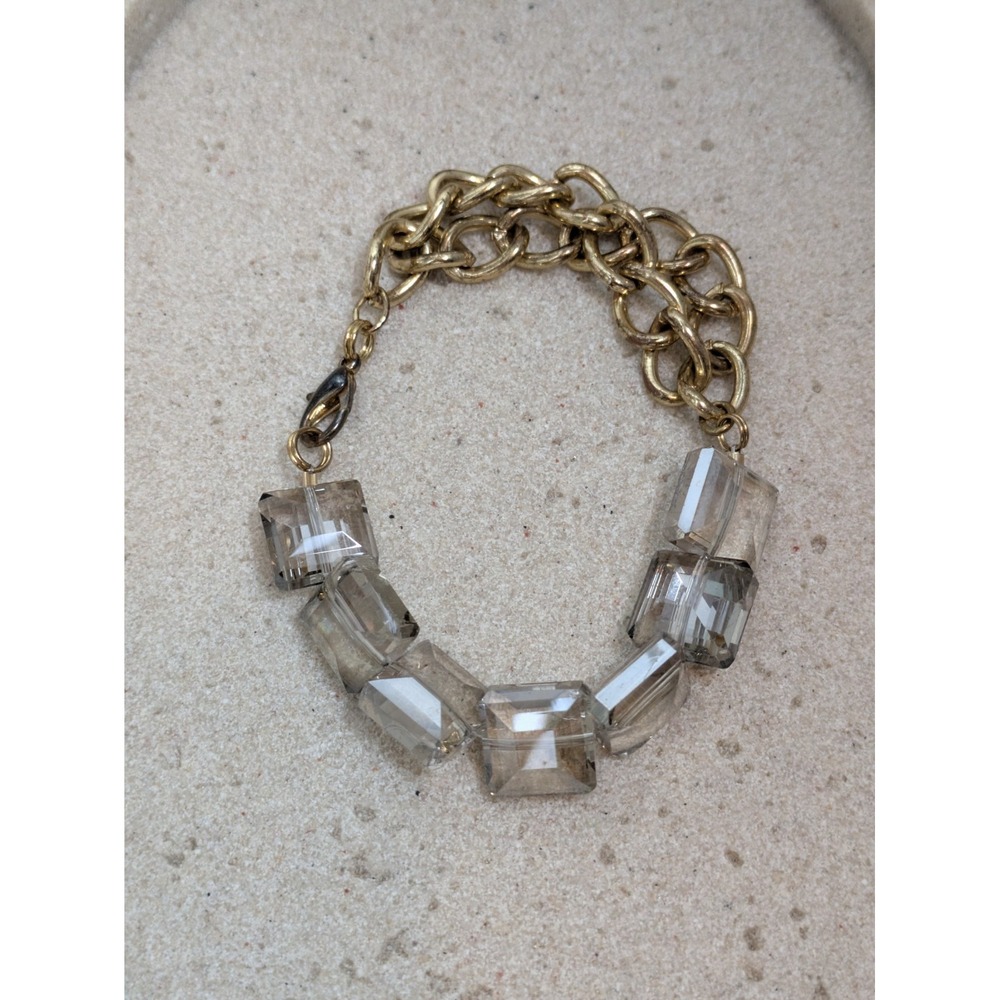 Gold Tone Bracelet With Smoky Gray Faceted Beads Double Strand Style